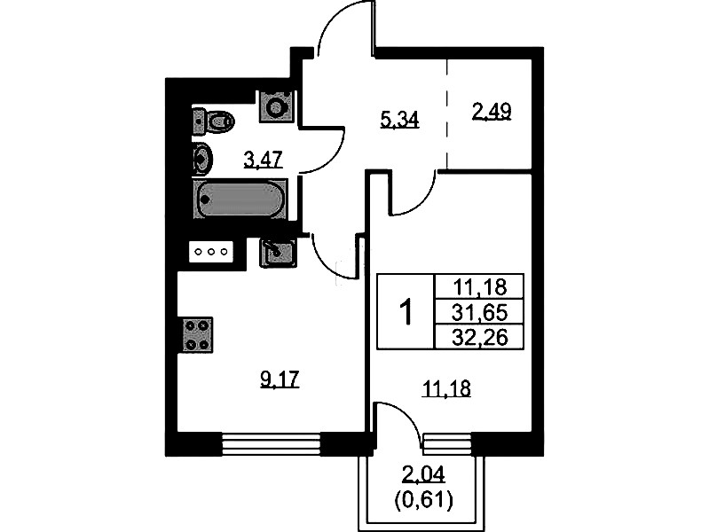 1-комнатная квартира 32.26 м², 5/9 эт., ЖК «Квартал Лаголово»